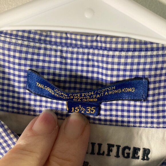 Mens Vintage Tommy Hilfiger Gingham Button Shirt Blue White 15 1/2-35 Cotton - Picture 9 of 10